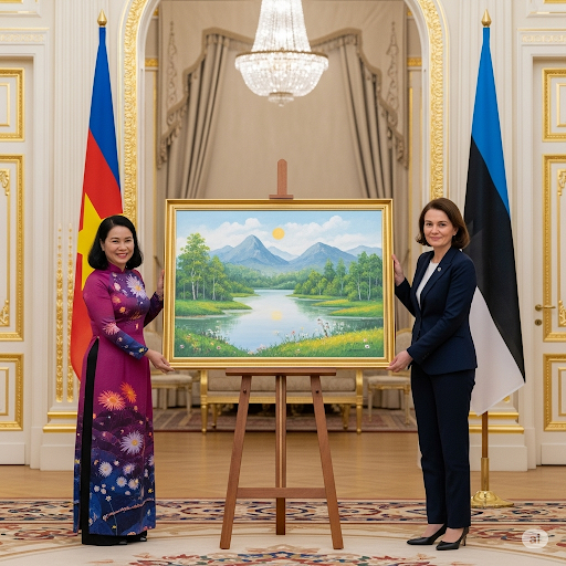 Bức tranh đặc biệt Phu nhân Thủ tướng Việt Nam tặng Phu nhân Thủ tướng Estonia